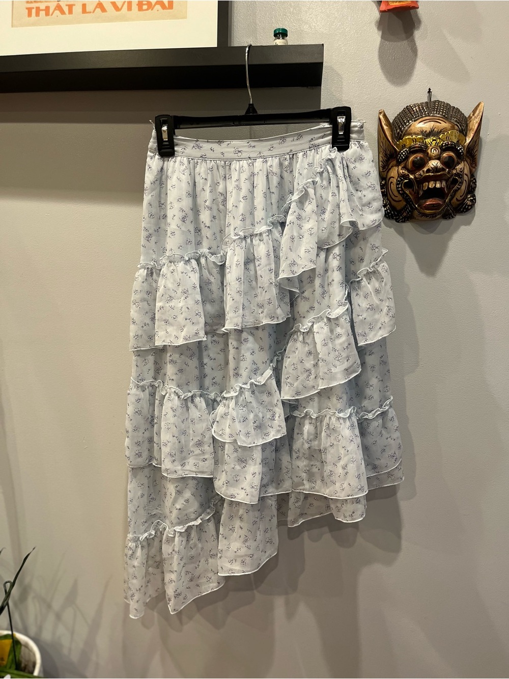 Abercrombie & Fitch Light Blue Floral Asymmetrical Ruffle Midi Skirt